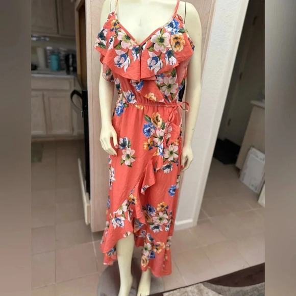 HINT OF BLUSH CORAL FLORAL PRINT OFF THE SHOULDER FAUX WRAP RUFFLE MAXI DRESS L - Picture 8 of 16